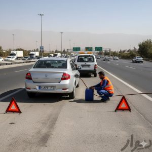 سوخت‌رسانی اضطراری رنو کنار بزرگراه در تهران با رعایت ایمنی