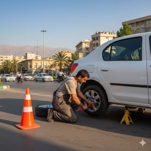 تعویض لاستیک رنو در محل تهران با آچار ترکمتر و جک ایمن