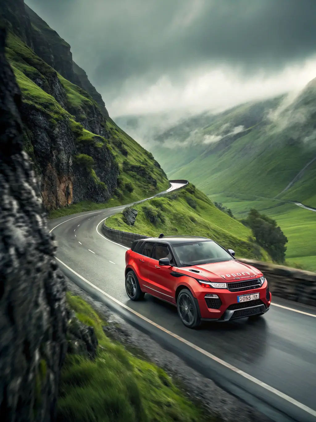 A vibrant red Renault Duster SUV driving on a scenic mountain road in northern Iran, highlighting its ruggedness and adventurous spirit.