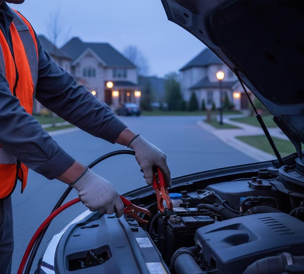 امداد باتری رنو در خیابان مسکونی شمال تهران با کابل‌های ایمن
