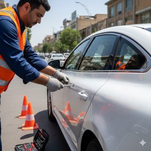 قفل‌کار تخصصی در حال باز کردن درب رنو کی‌لس در تهران