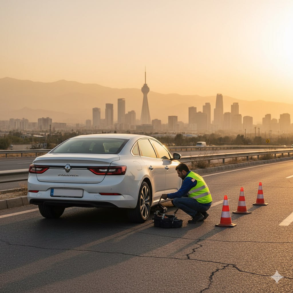 امداد رنو در غرب تهران با تکنسین سیار و مخروط ایمنی