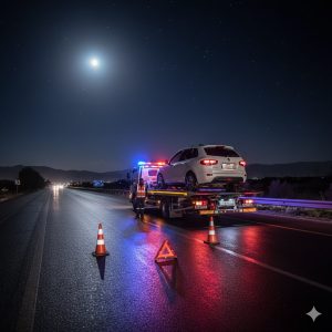 خودروبر تخت رنو در محور بین‌شهری ایران با علائم ایمنی