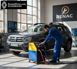 دستگاه سرویس کولر متصل به رنو با گاز R1234yf در تعمیرگاه تهران