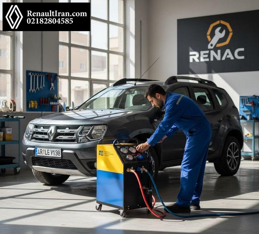 دستگاه سرویس کولر متصل به رنو با گاز R1234yf در تعمیرگاه تهران