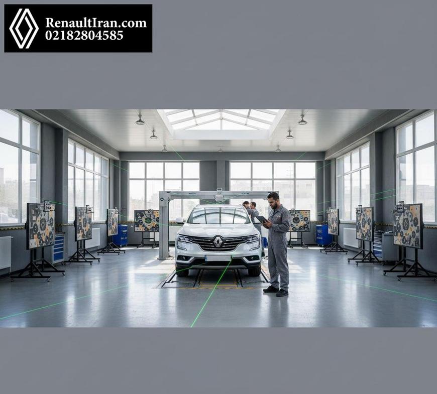 کالیبراسیون ADAS رنو روی میز تراز لیزری با تارگت‌های استاندارد در تعمیرگاه تهران