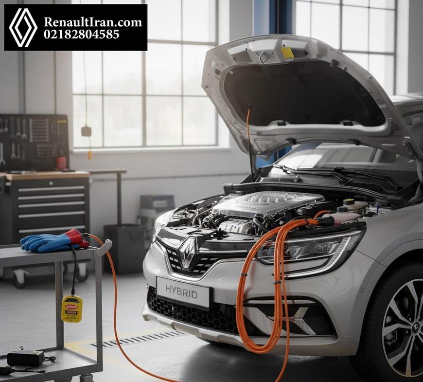 نمای باز از محفظه موتور رنو هیبرید E-Tech با تجهیزات ایمنی و تگ ولتاژ بالا