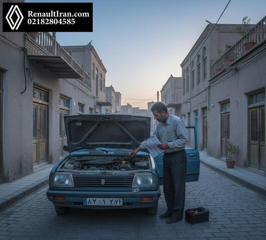 خودروی رنو خاموش در حاشیه خیابان و راننده در حال بررسی موتور با کمک چک‌لیست