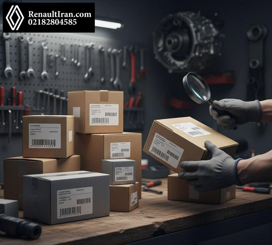 جعبه‌های لوازم یدکی رنو روی میز کارگاه با تمرکز بر جزئیات بسته‌بندی برای تشخیص اصل و تقلبی