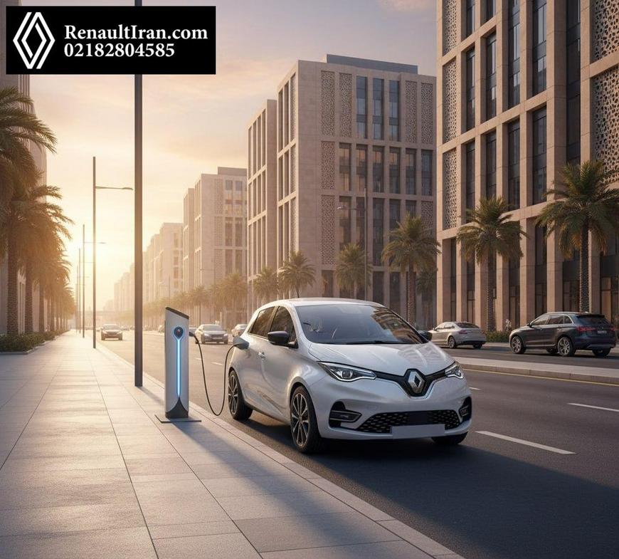 رنو زویی برقی سفید پارک شده کنار پیاده‌رو در مرکز شهر تهران با ایستگاه شارژ